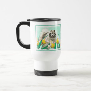 Keeshond in Tulips Painting Cute Original Dog Art Travel Mug