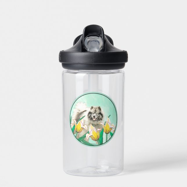 Keeshond in Tulips Painting Cute Original Dog Art Water Bottle (Front)