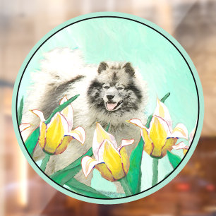 Keeshond in Tulips Painting Cute Original Dog Art Window Cling