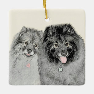 Keeshond Mum and Son Painting - Original Dog Art Ceramic Ornament