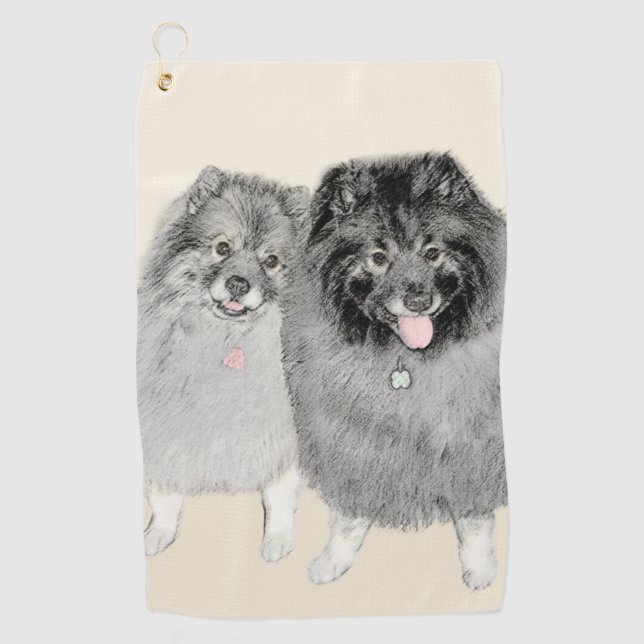 Keeshond Mum and Son Painting - Original Dog Art Golf Towel (Front)