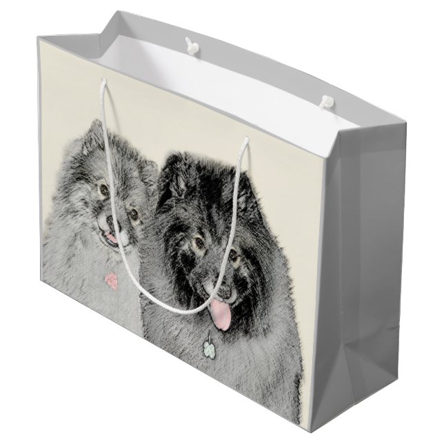 Keeshond Mum and Son Painting - Original Dog Art Large Gift Bag (Back Angled)