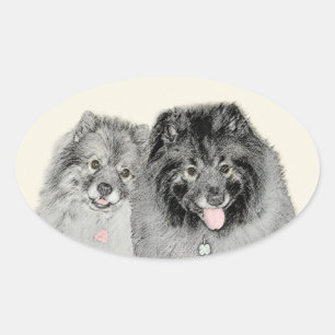 Keeshond Mum and Son Painting - Original Dog Art Oval Sticker