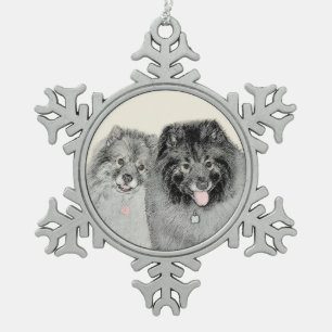 Keeshond Mum and Son Painting - Original Dog Art Snowflake Pewter Christmas Ornament