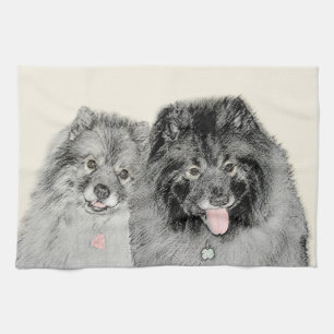 Keeshond Mum and Son Painting - Original Dog Art Tea Towel