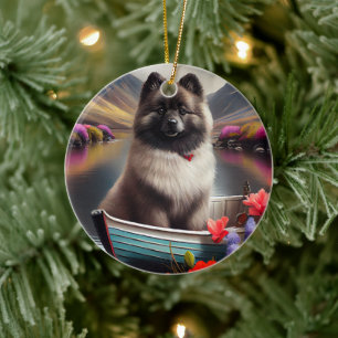 Keeshond on a Paddle: A Scenic Adventure Ceramic Tree Decoration
