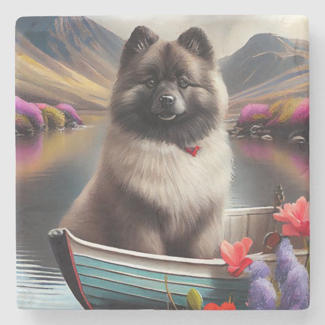 Keeshond on a Paddle: A Scenic Adventure Stone Coaster (Front)