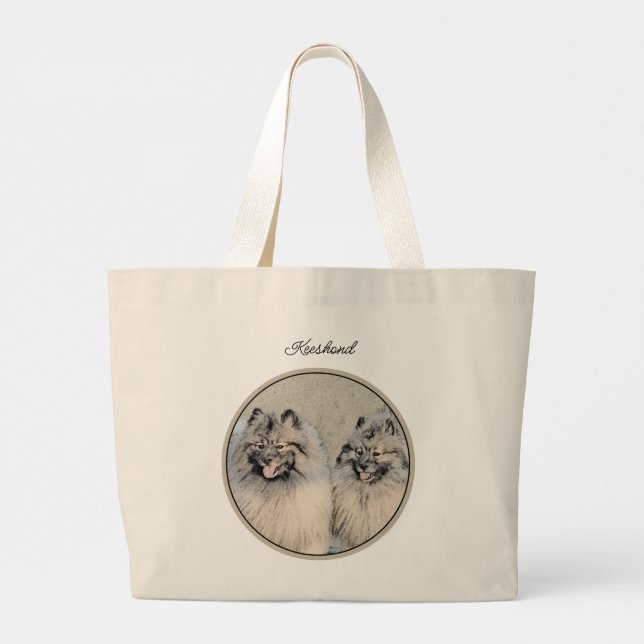 Keeshond Painting 2 Keeshonden Original Dog Art Large Tote Bag (Back)