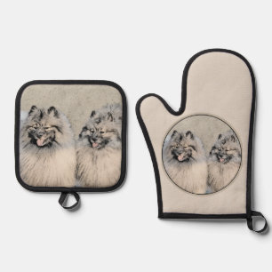 Keeshond Painting 2 Keeshonden Original Dog Art Oven Mitt & Pot Holder Set