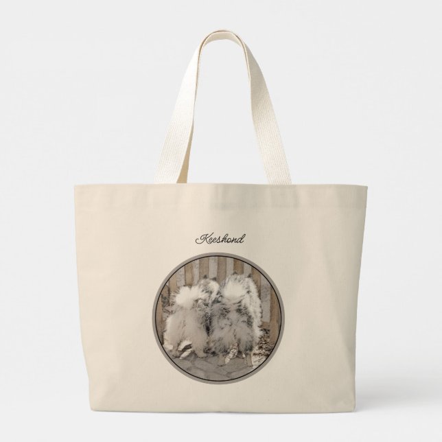 Keeshond Painting Butts At the Gate Cute Dog Art Large Tote Bag (Back)