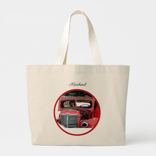 Keeshond Painting Christmas Old Red Truck Dog Art Large Tote Bag (Back)