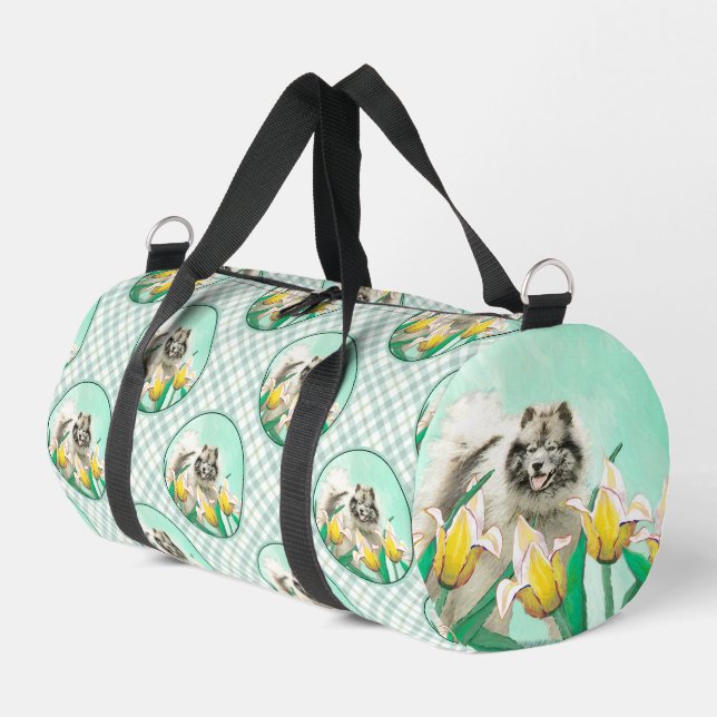 Keeshond Painting in Tulips Cute Original Dog Art Duffle Bag (Left Corner)