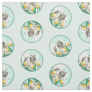 Keeshond Painting in Tulips Cute Original Dog Art Fabric