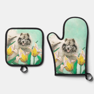 Keeshond Painting in Tulips Cute Original Dog Art Oven Mitt & Pot Holder Set