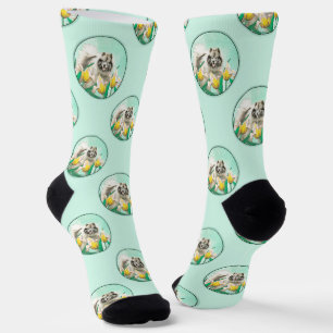 Keeshond Painting in Tulips Cute Original Dog Art Socks