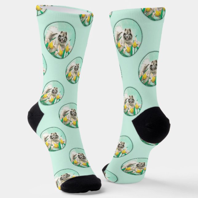 Keeshond Painting in Tulips Cute Original Dog Art Socks (Angled)