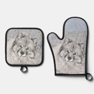 Keeshond Painting Kees Cute Original Pet Dog Art Oven Mitt & Pot Holder Set
