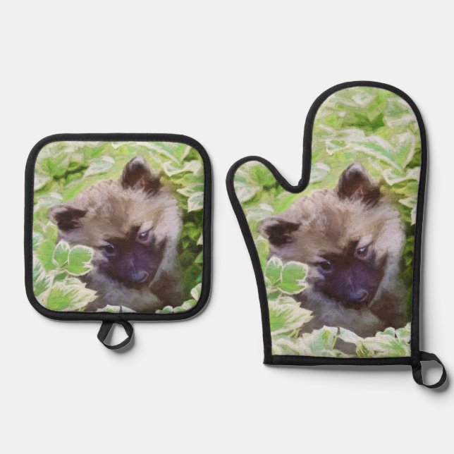 Keeshond Painting Puppy in the Garden Original Art Oven Mitt & Pot Holder Set (Front)