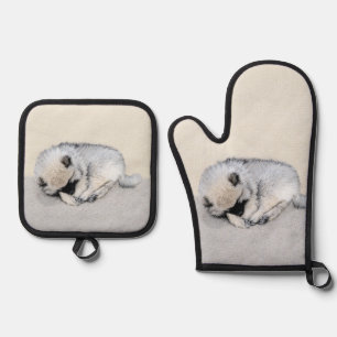 Keeshond Painting Sleeping Puppy Original Dog Art Oven Mitt & Pot Holder Set