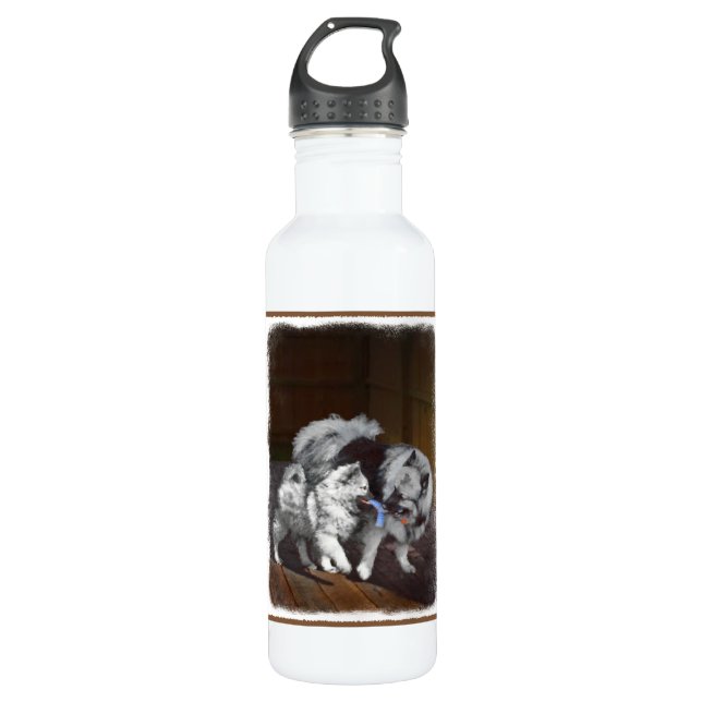 Keeshond Playtime Painting - Cute Original Dog Art 710 Ml Water Bottle (Front)