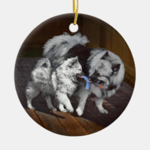 Keeshond Playtime Painting - Cute Original Dog Art Ceramic Tree Decoration
