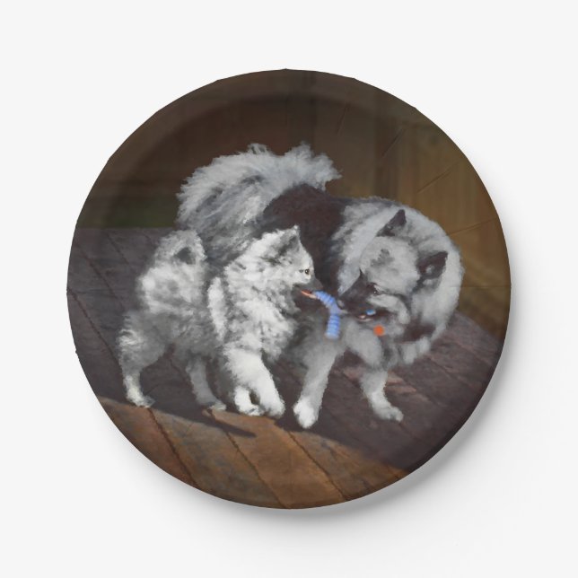 Keeshond Playtime Painting - Cute Original Dog Art Paper Plate (Front)