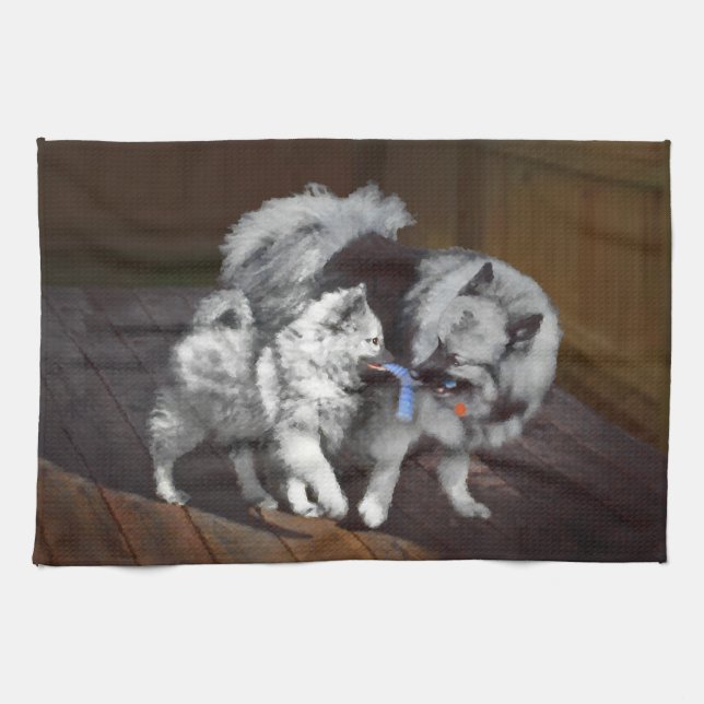 Keeshond Playtime Painting - Cute Original Dog Art Tea Towel (Horizontal)