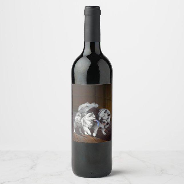 Keeshond Playtime Painting - Cute Original Dog Art Wine Label (Front)