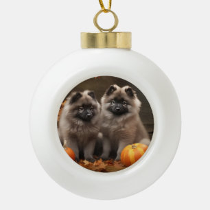 Keeshond Puppy Autumn Delight Pumpkin Ceramic Ball Christmas Ornament