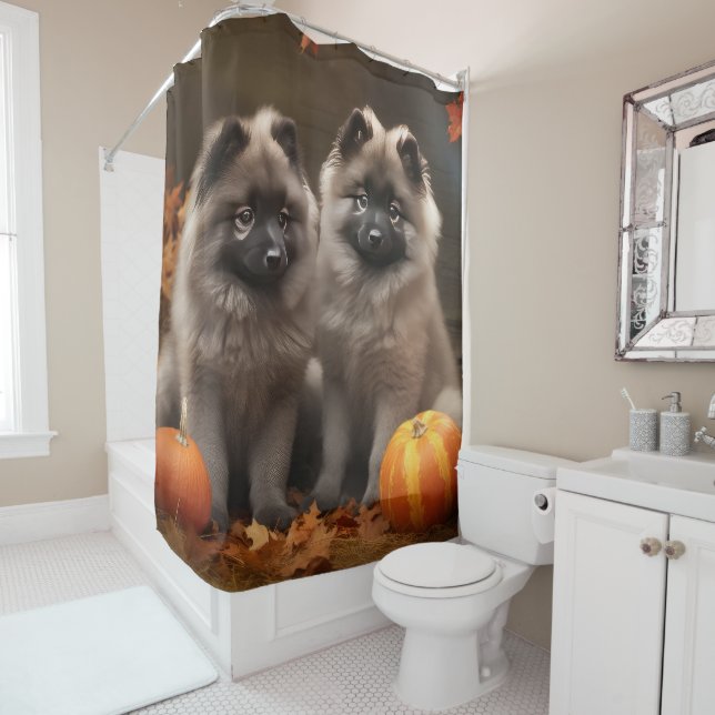 Keeshond Puppy Autumn Delight Pumpkin Shower Curtain (In Situ)
