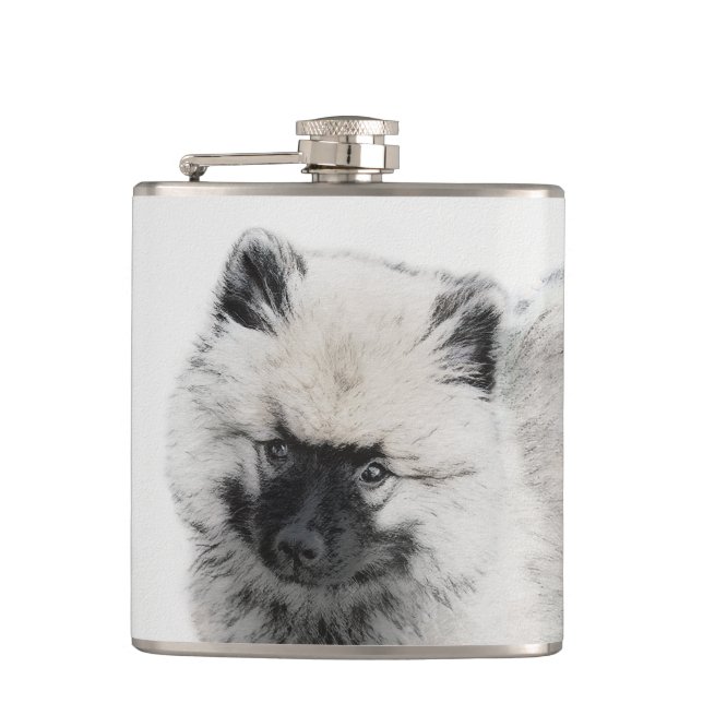 Keeshond Puppy Drawing - Cute Original Dog Art Hip Flask (Front)