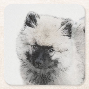 Keeshond Puppy Drawing - Cute Original Dog Art Square Paper Coaster