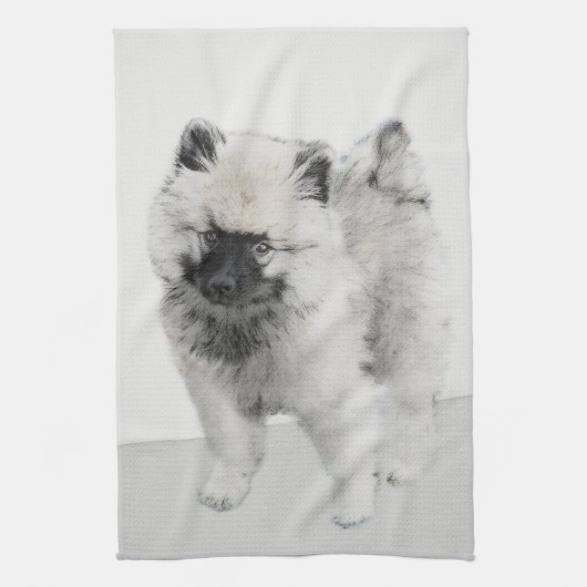 Keeshond Puppy Drawing - Cute Original Dog Art Tea Towel (Vertical)