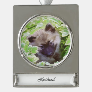 Keeshond Puppy in the Garden Painting Original Art Silver Plated Banner Ornament