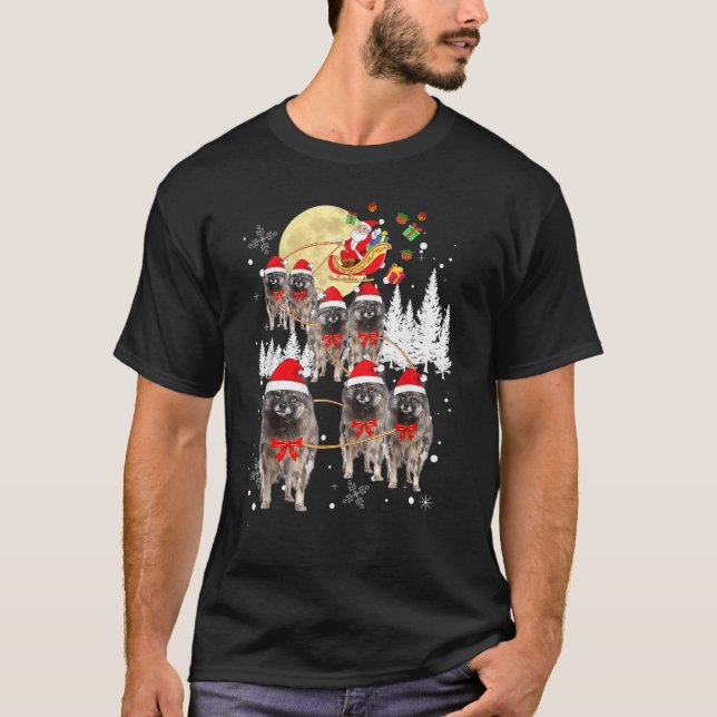 Keeshond  Reindeer Christmas Moon Santa Dog T-Shirt (Front)