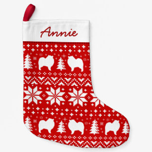 Keeshond Silhouettes Pattern Red and White Cute Small Christmas Stocking