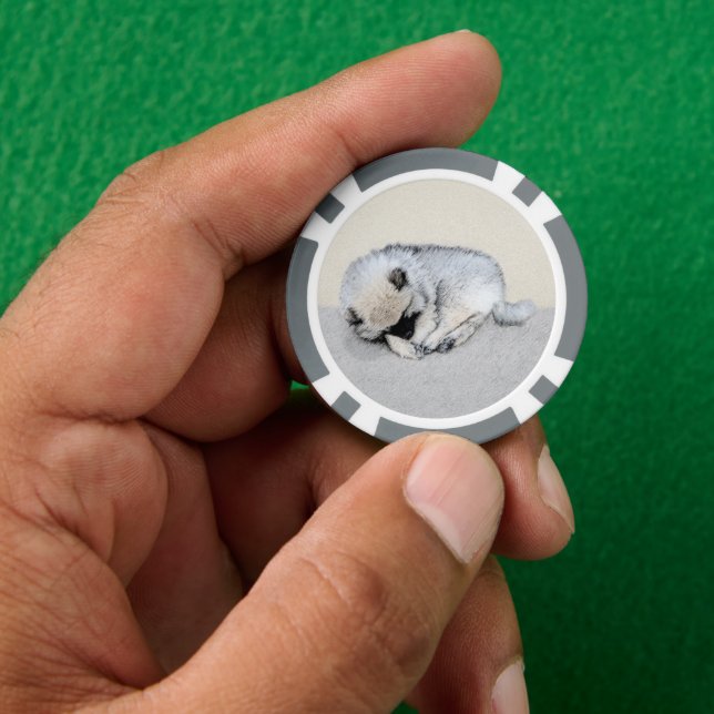 Keeshond Sleeping Puppy Painting Original Dog Art Poker Chips (Hand)