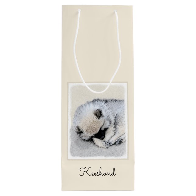 Keeshond Sleeping Puppy Painting Original Dog Art Wine Gift Bag (Back)