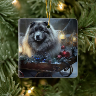 Keeshond Snowy Sleigh Christmas Decor Ceramic Ornament