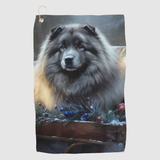 Keeshond Snowy Sleigh Christmas Decor Golf Towel (Front)