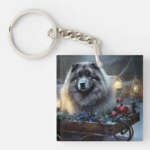 Keeshond Snowy Sleigh Christmas Decor Key Ring
