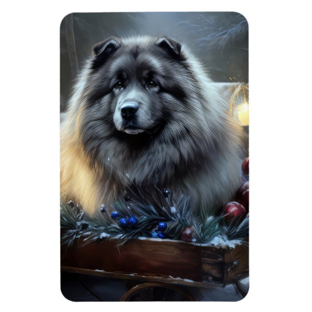 Keeshond Snowy Sleigh Christmas Decor Magnet (Vertical)