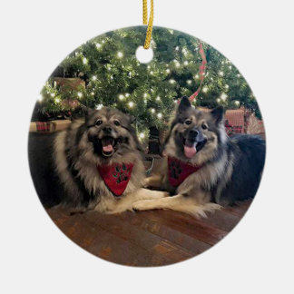 Keeshond with Christmas Tree Ceramic Tree Decoration