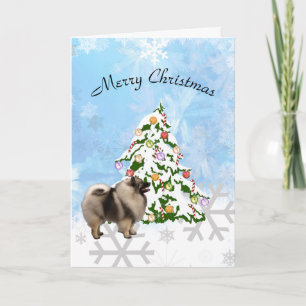 Keeshond with Christmas Tree on Blue Crystal Holiday Card