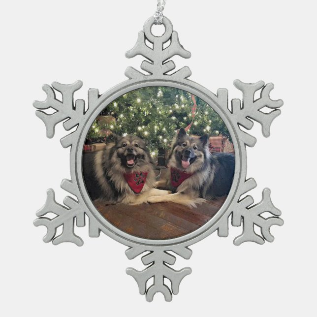 Keeshond with Christmas Tree Snowflake Pewter Christmas Ornament (Front)