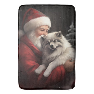 Keeshond With Santa Claus Festive Christmas Bath Mat