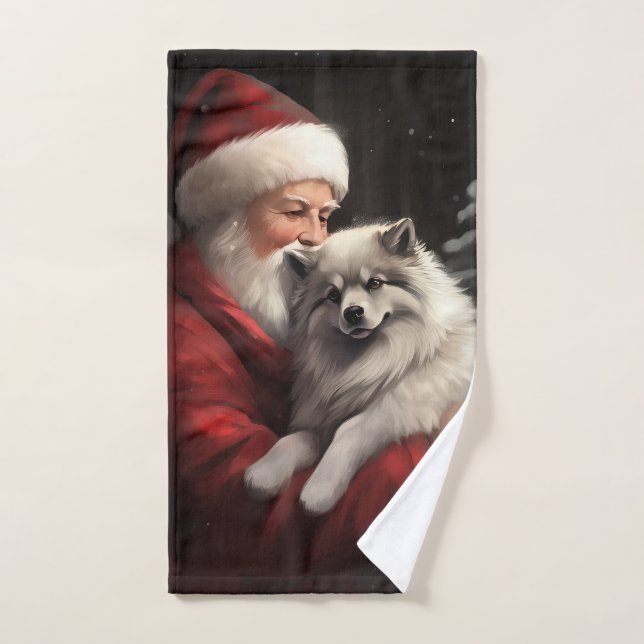 Keeshond With Santa Claus Festive Christmas Bath Towel Set (Hand Towel)