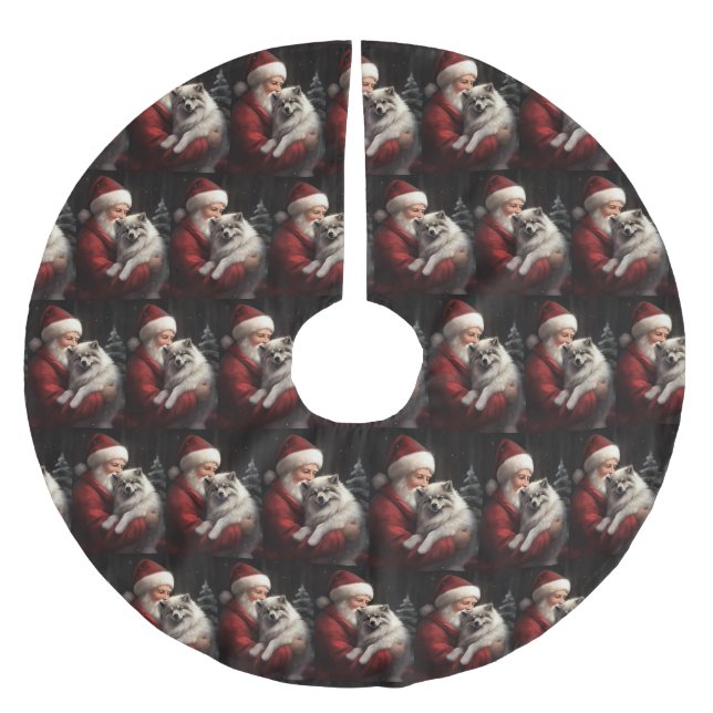 Keeshond With Santa Claus Festive Christmas Brushed Polyester Tree Skirt (Front)