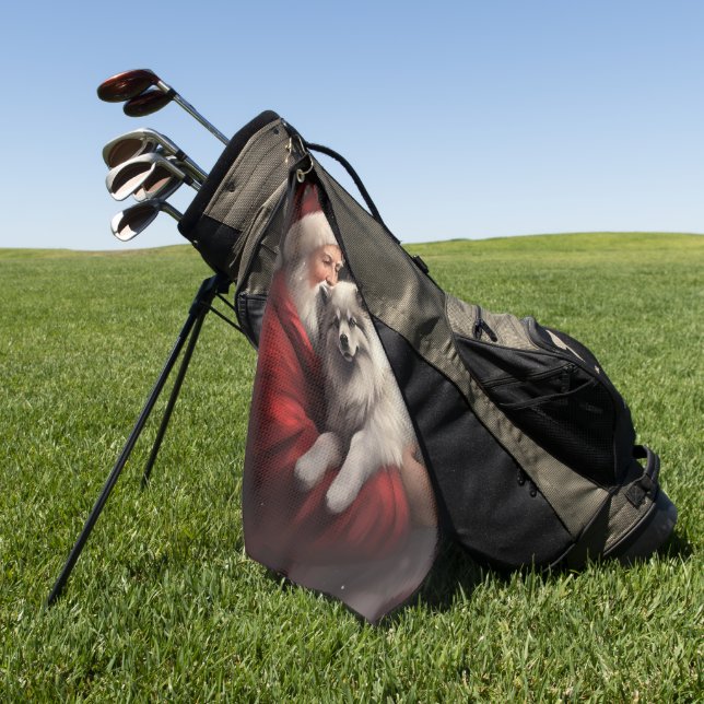 Keeshond With Santa Claus Festive Christmas Golf Towel (Green)