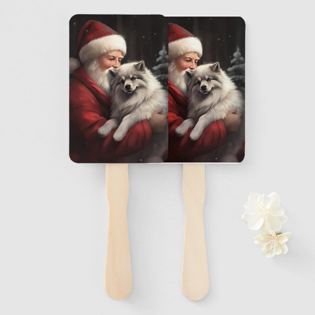 Keeshond With Santa Claus Festive Christmas Hand Fan (Front and Back)